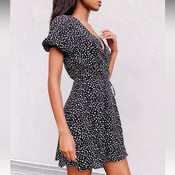 Lulu’s Your Favorite One Black Dot Print Puff Sleeve Wrap Mini Dress - Picture 3 of 9